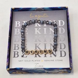Lu Gaeta Gray Faceted Stone Bead Stretch Bracelet 14kt Gold Plated Be Kind New